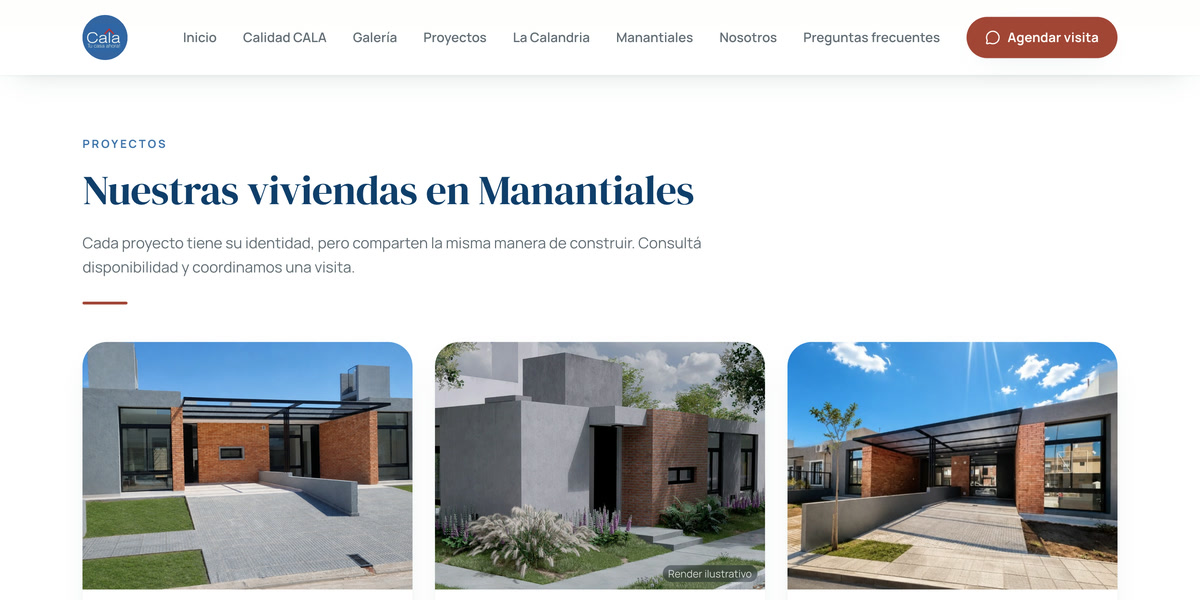 Tarjetas de CALA Prados I, Prados II y Solares I en la web de CALA Desarrollos