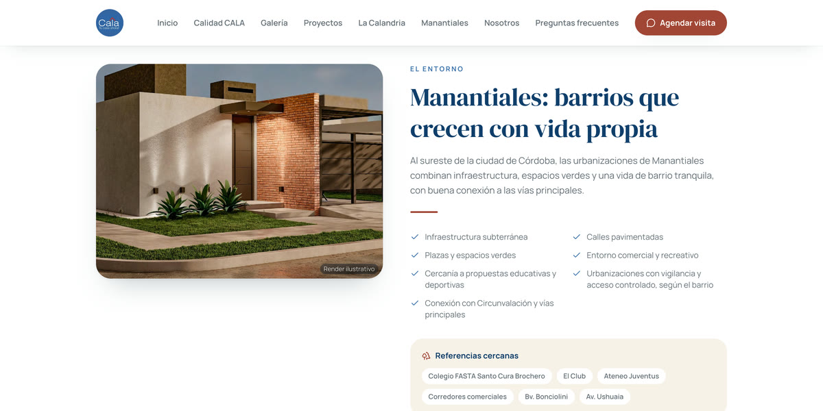 Sección sobre el barrio de Manantiales con un render y la lista de servicios