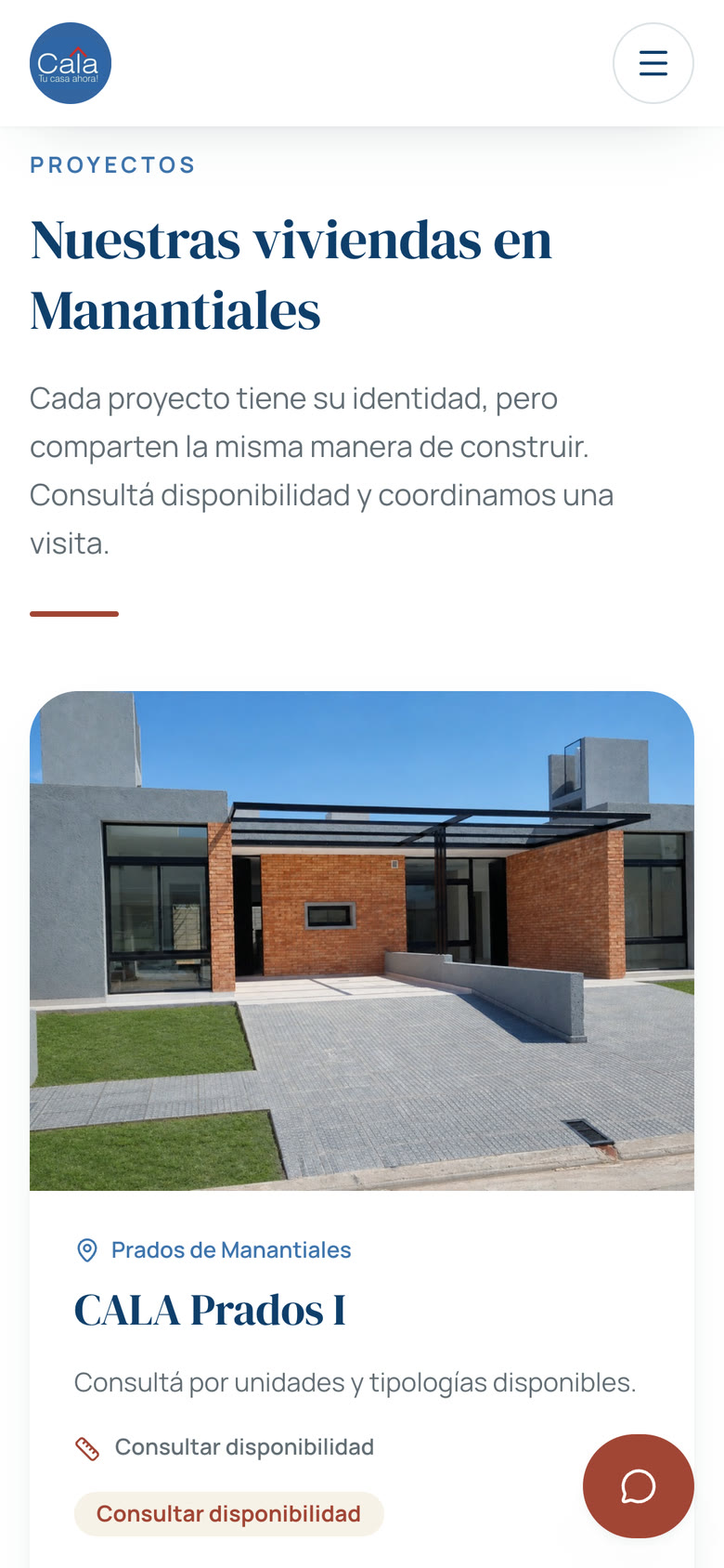 Sección de proyectos de CALA Desarrollos en el celular, con la tarjeta de CALA Prados I