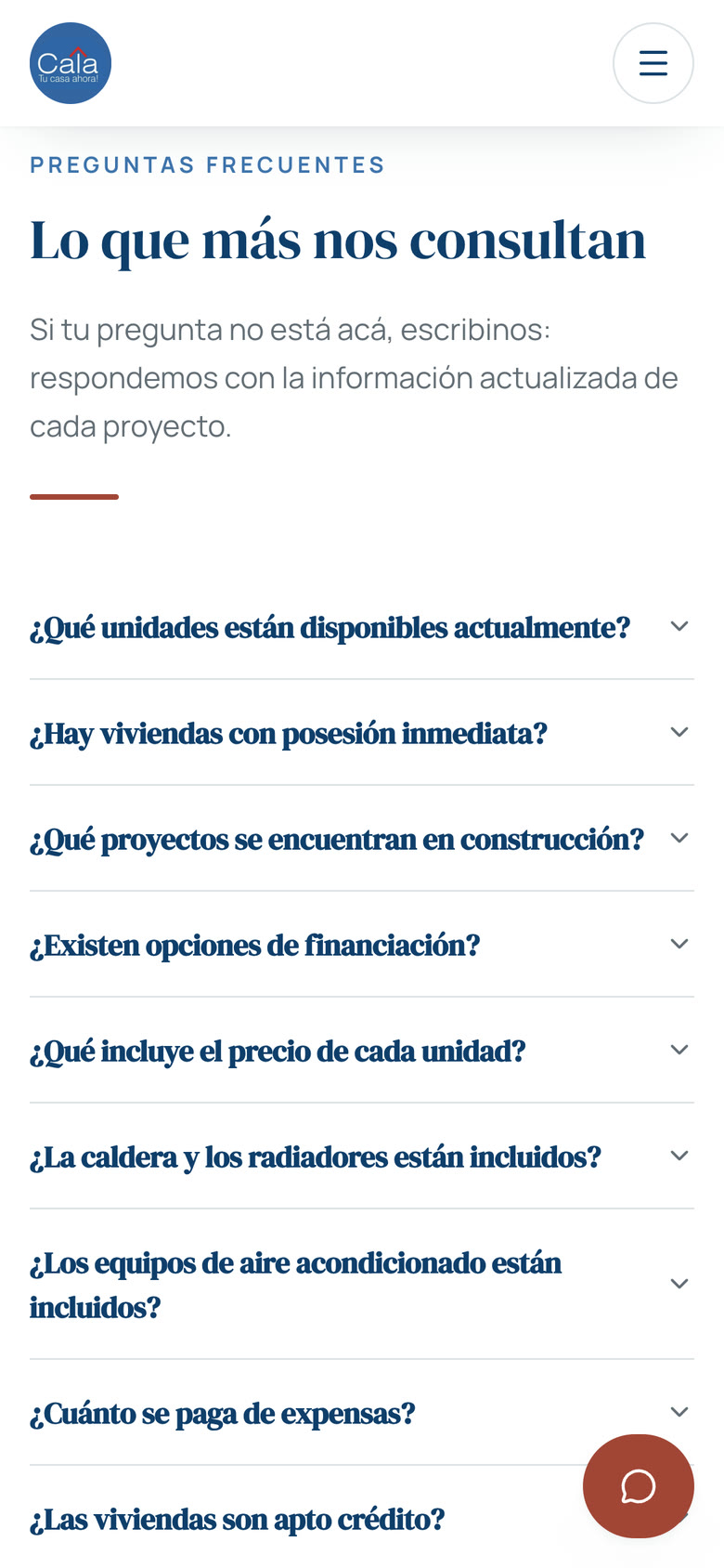 Preguntas frecuentes de CALA sobre disponibilidad, financiación y expensas