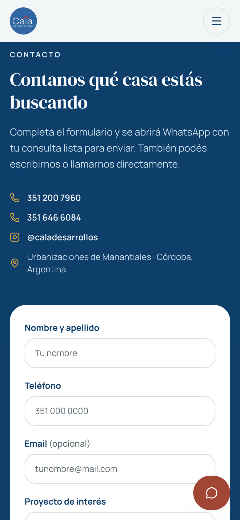 Formulario de contacto de CALA que abre WhatsApp con la consulta