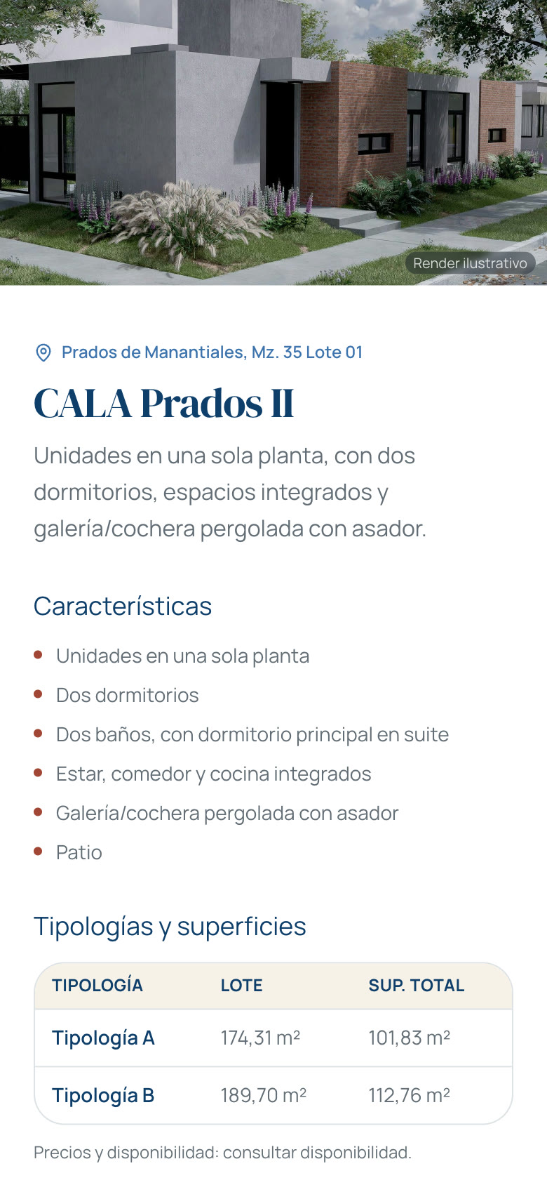 Ficha del proyecto CALA Prados II con tipologías, lote y superficie