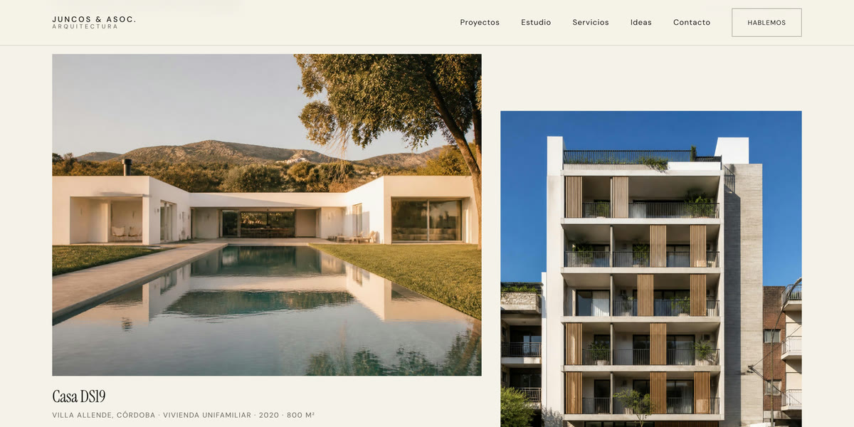 Lista de obras en la web de Juncos & Asoc. Arquitectura, con el nombre de cada obra y debajo una línea con barrio, ciudad, tipo, año y metros cuadrados