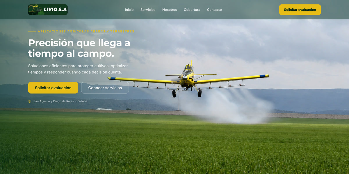 Portada de la web de Livio S.A. con un avión aplicador sobre un lote