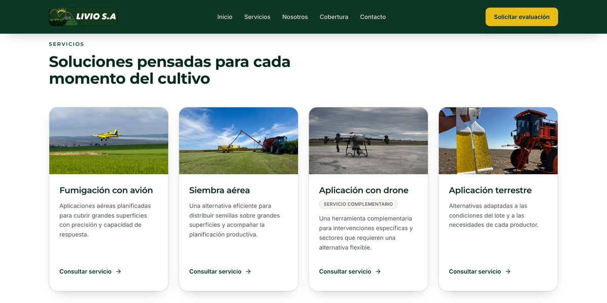 Servicios de Livio S.A. en tarjetas con foto: avión, siembra aérea, drone y aplicación terrestre