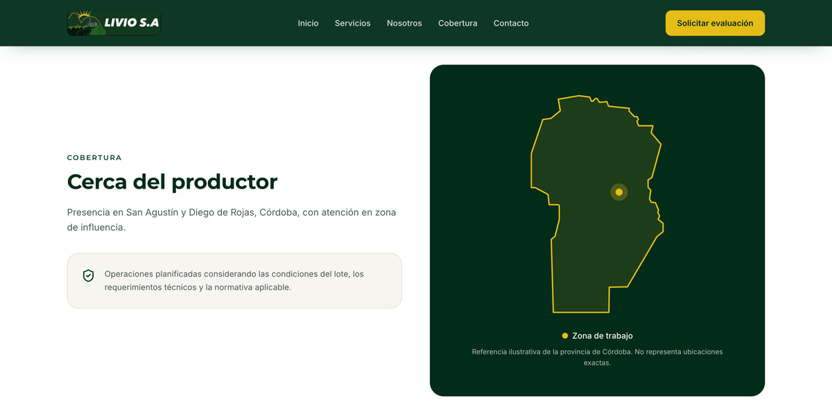 Sección Cerca del productor de Livio S.A. con un mapa de Córdoba que marca su zona de trabajo