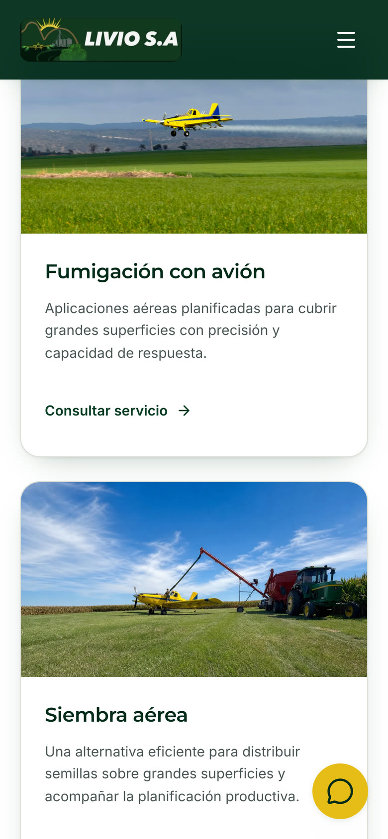 Servicios de Livio S.A. en tarjetas con foto: avión, siembra aérea, drone y aplicación terrestre